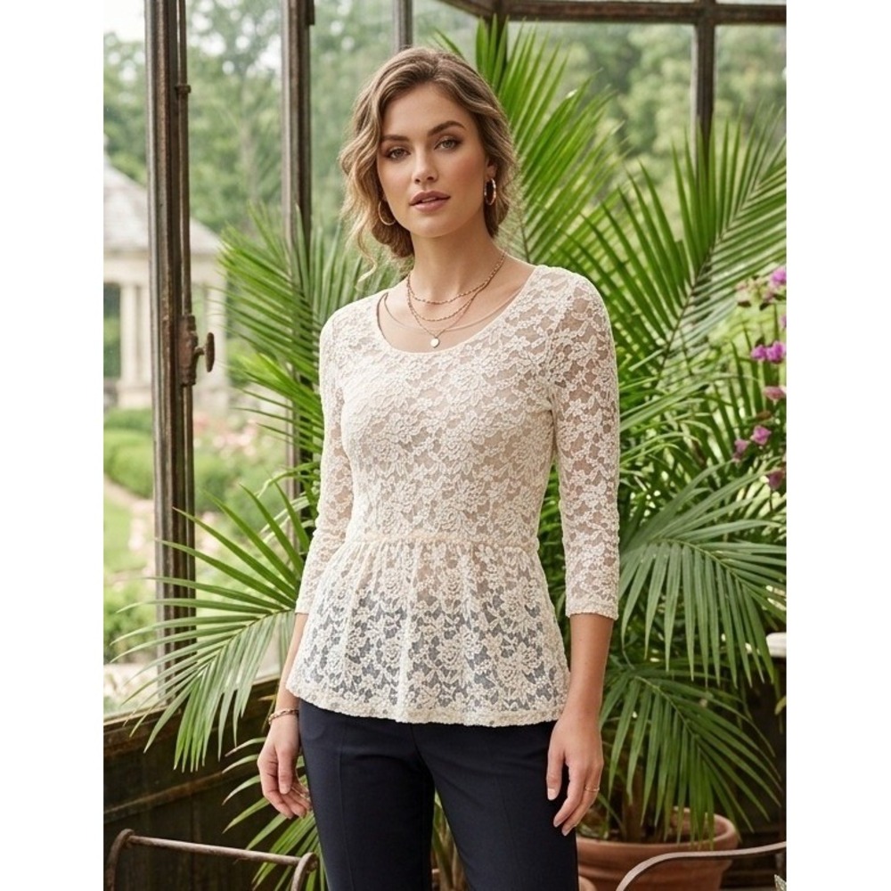 Metaphor Floral Lace 3/4 Sleeve Peplum Top Women's M? Scoop Neck Stretch Mexico